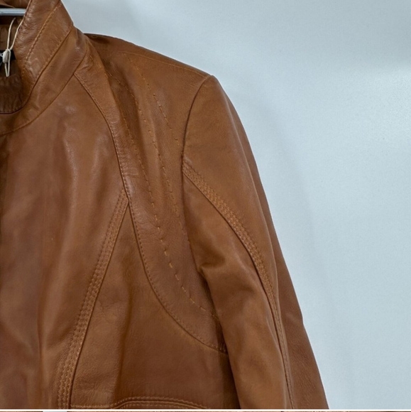 Quince Women's Cognac-Brown Leather Stand-Collar Jacket sz XL Full Zip NWT - Picture 7 of 8